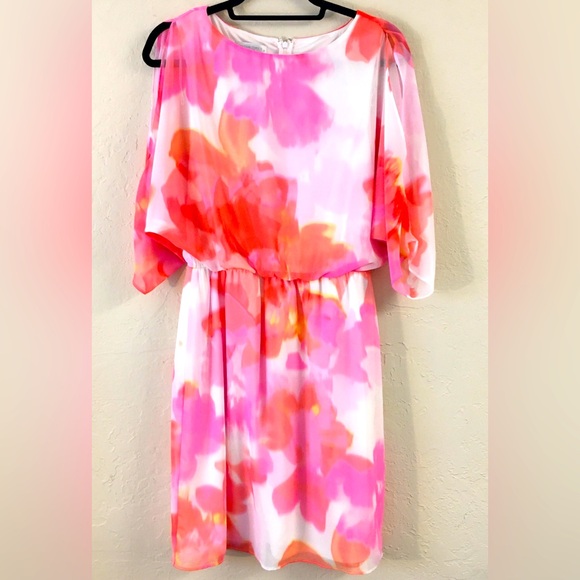 London Times Floral Sheer Dress 8 Pink White Spring Stretch - Picture 1 of 10
